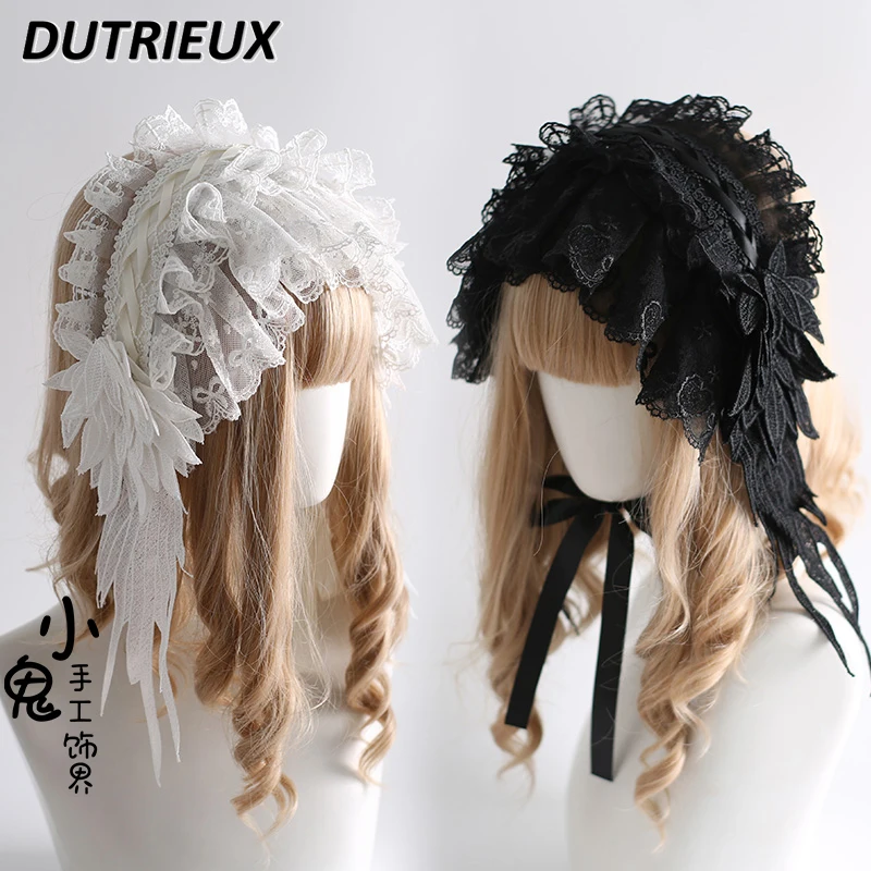 

Original Handmade Lolita Gothic Hair Accessories Black and White Lace Headband Two-dimensional Subculture Lace-up Headgear