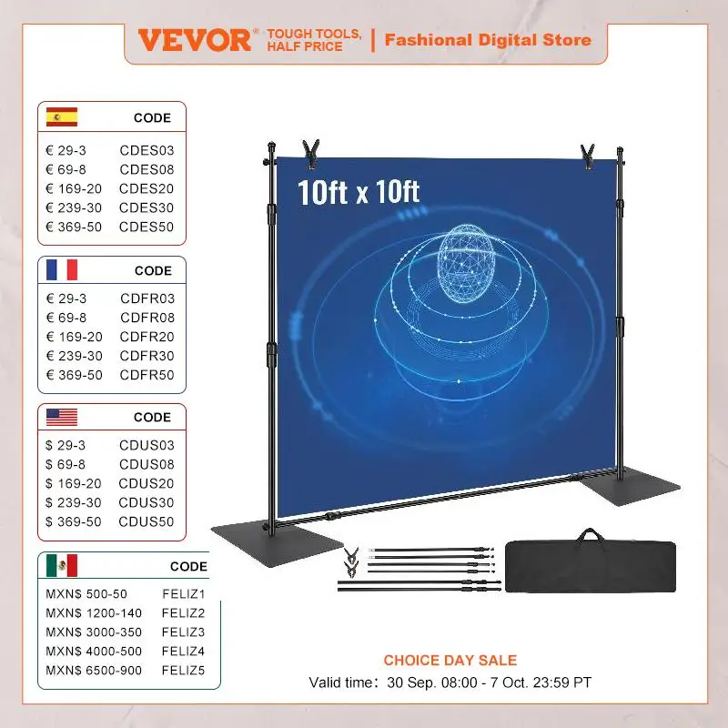 VEVOR 10x10 футов сверхмощная стойка для заднего фона с регулируемой высотой стойка для фотосъемки для детской свадебной выставки