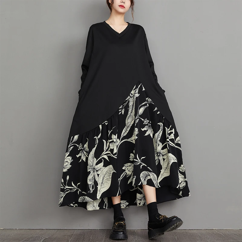 #3460 Black False Two Piece Sweatshirt Dress Women V-neck Vintage A-line Dress Female Split Joint Irregular Dress Ladies Spring