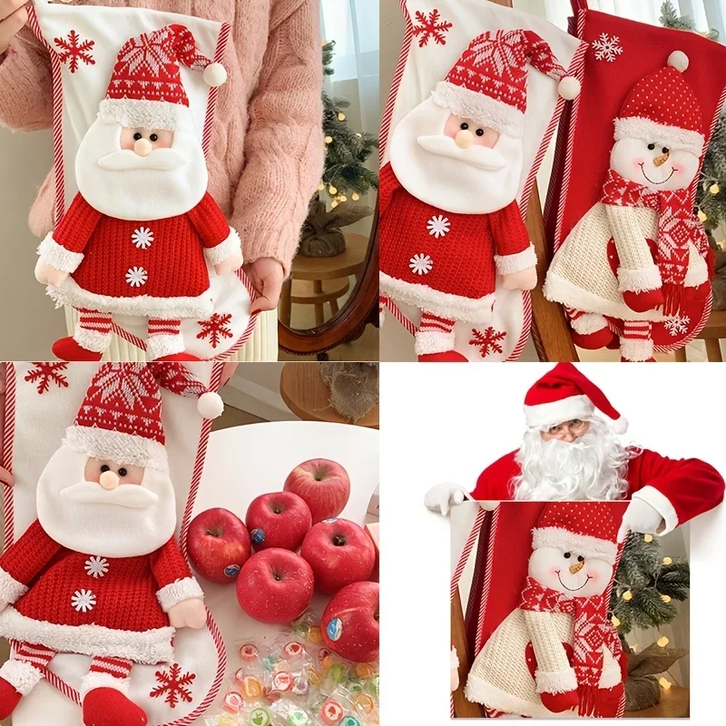 1pc, Christmas Stocking Bags, Oversized Knitted Three-dimensional Old Man Snowman Gift Bags, Christmas Eve Candy Socks