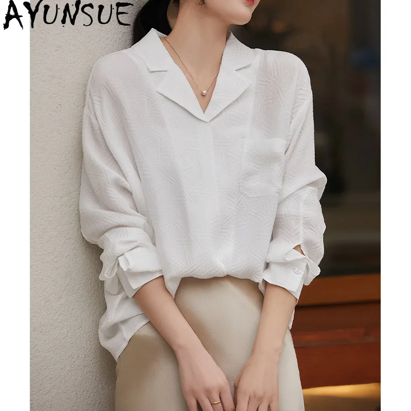 

AYUNSUE Женские блузки и рубашки из натурального шелка тутового шелкопряда, белая рубашка с длинным рукавом, топ для офиса, женская одежда