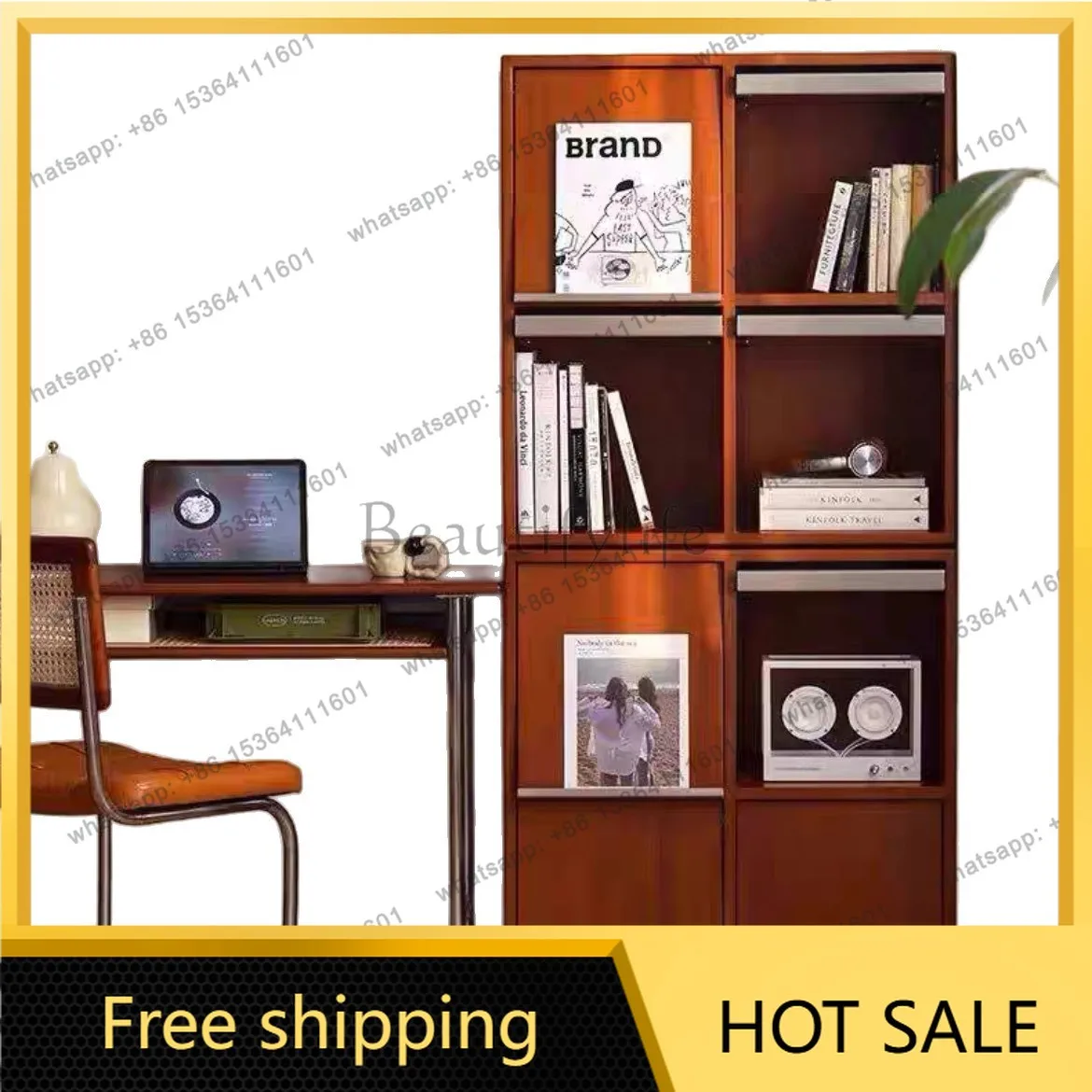 LS Nordic retro combined cabinet solid wood magazine bedroom display lattice storage floor Japanese style