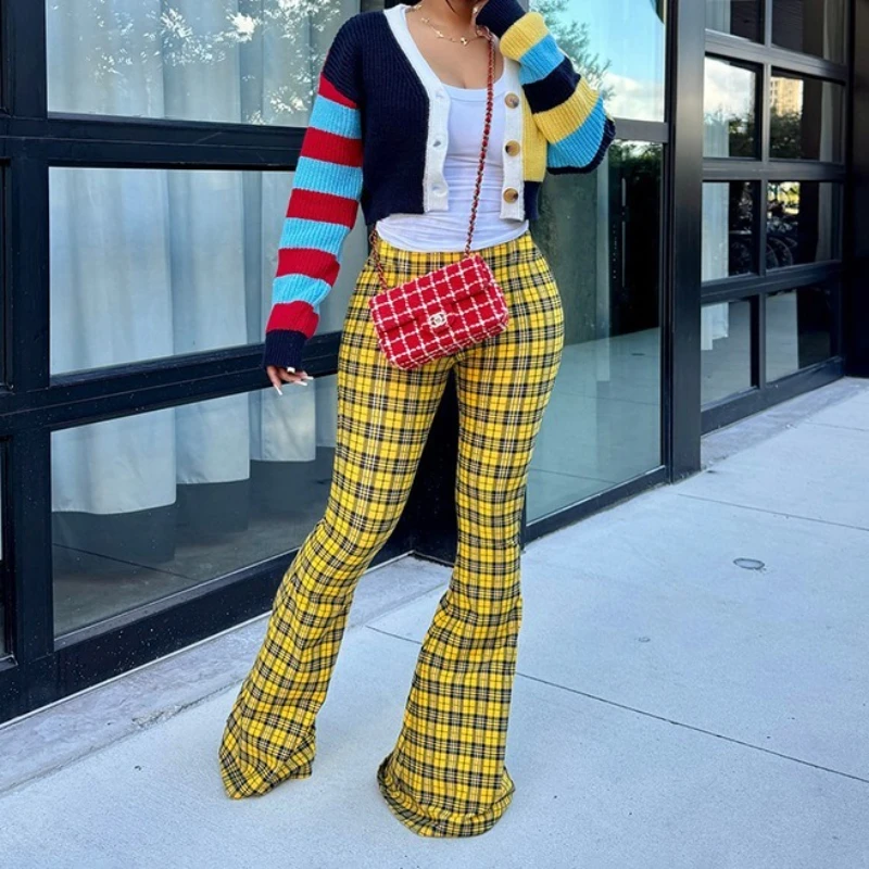 Y2k Women's Plaid Printed Tight Fitting Wide Leg High Waist Long Trousers Versatile Flared Pants 2025 Fashion Retro
