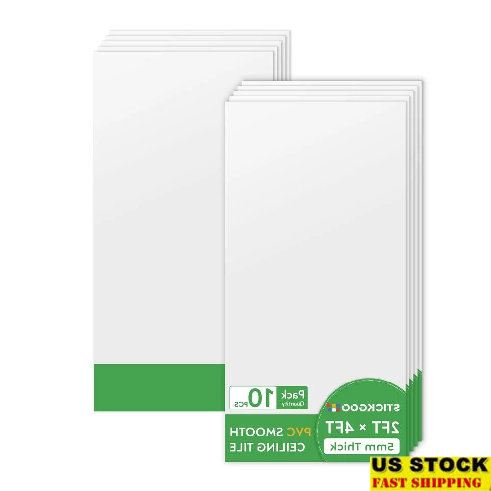 Fire-Rated White PVC Ceiling Tiles 2ft x 4ft Smooth Waterproof Drop-In Panels 24 x 48in 10 Pack Easy Installation Square Edge