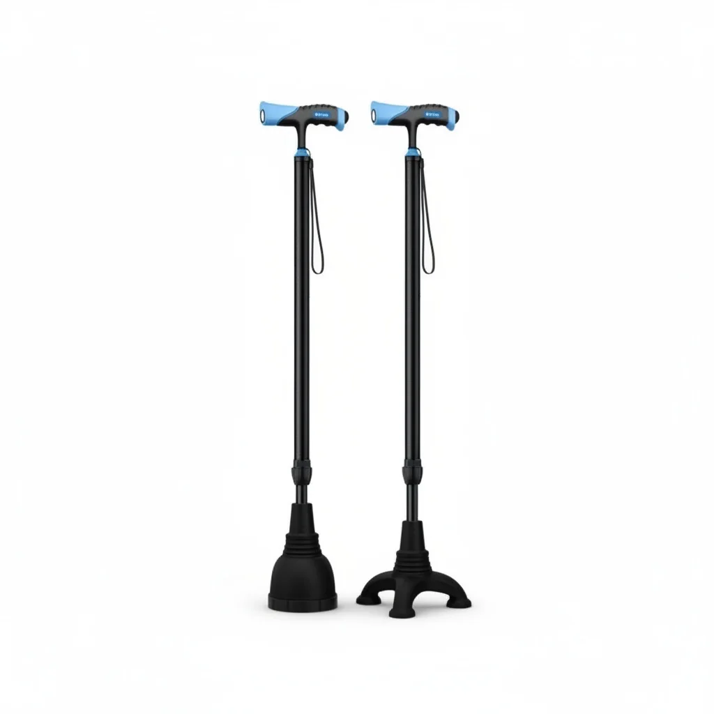 Elderly Walking Stick, Medical Grade Telescopic Walking Cane, Four-Leg Base, Anti-Slip Lightweight Walker with Bandage Support