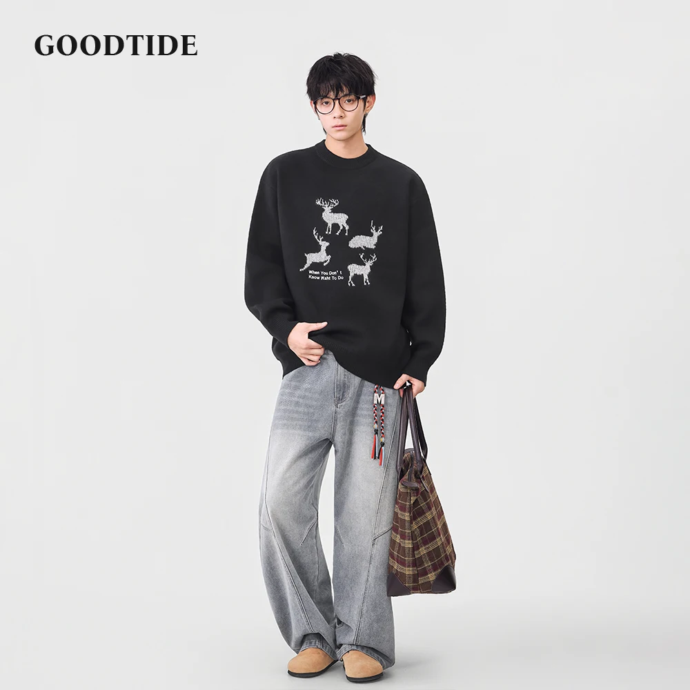 Fashion Men's Casual Crew Neck Sweater 2025 Winter Deer Pattern Letter Print Knitted Pullover Comfortable Soft Long Sleeve Top