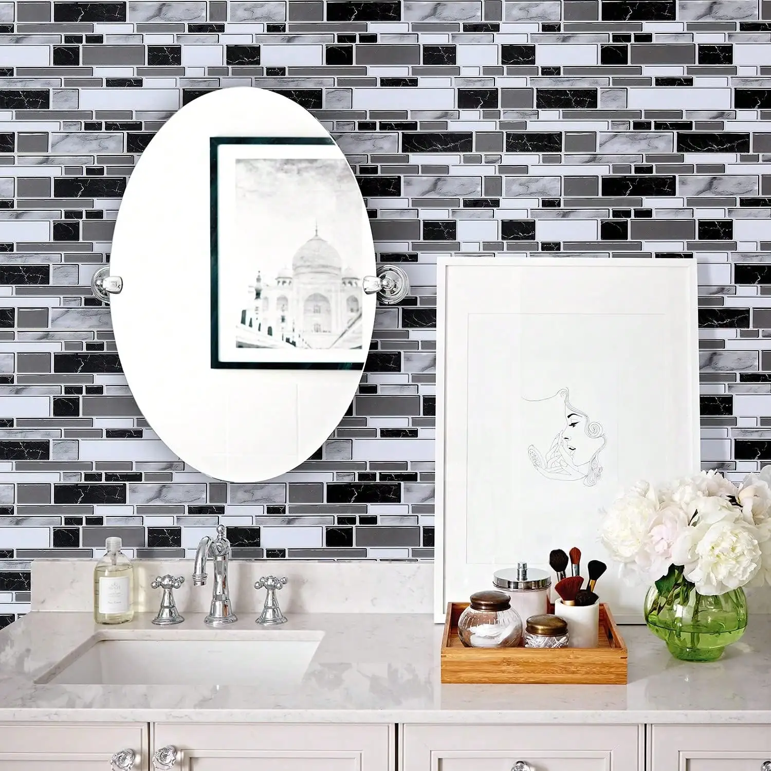 1 Roll Marble Mosaic Waterproof Oil-Proof Home Decor Wallpaper Peel And Stick Tile Contact Paper For Kitchen Bathroom Countertop