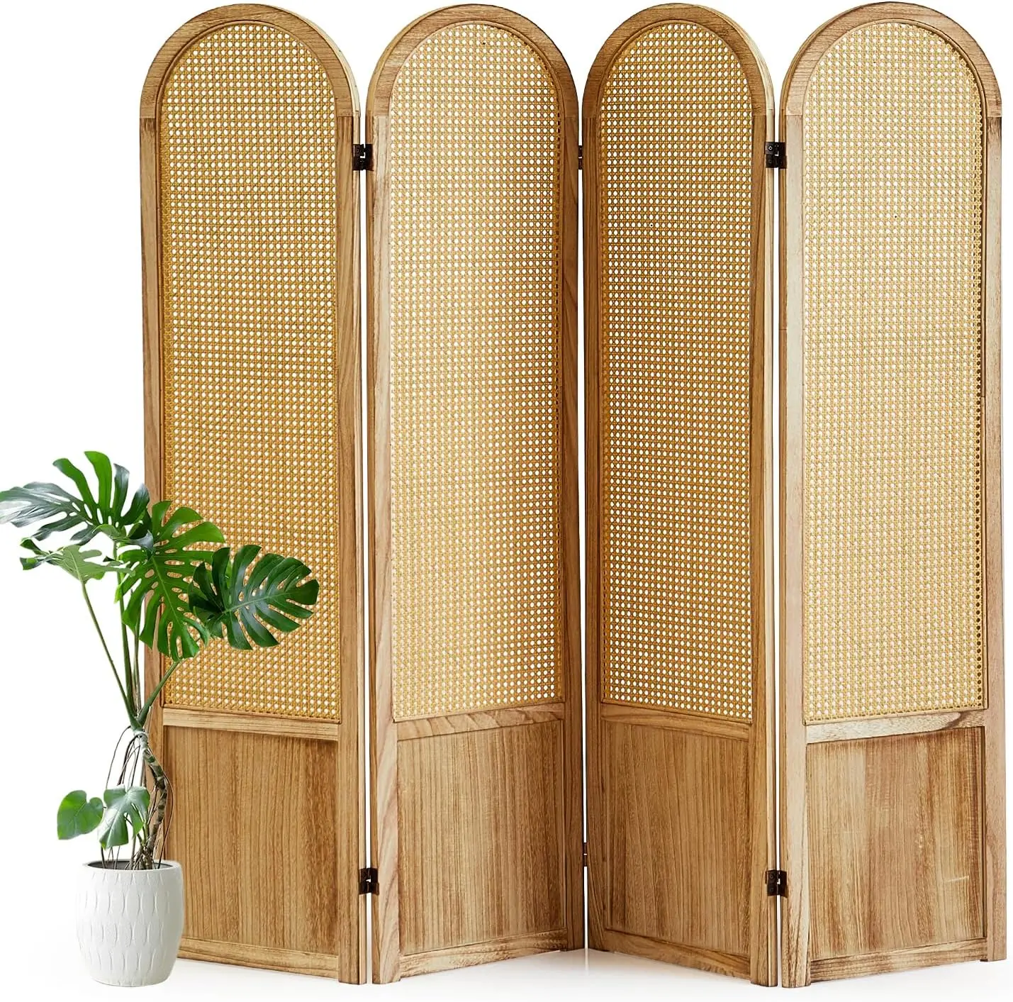 

4 Panel Room Divider and Folding Privacy Screen, 5.6 Ft Foldable Double Hinged Rattan Partition, Hand-Woven Rattan Room