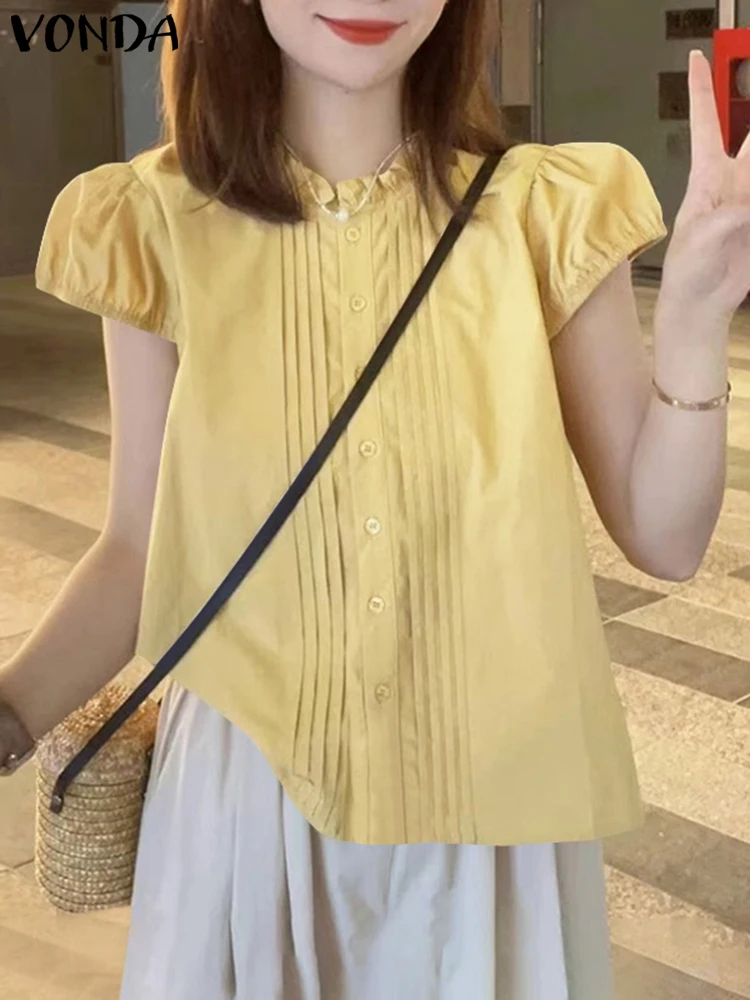 เสื้อเชิ้ตฤดูร้อน VONDA 2025 สีพื้น เรียบหรู แต่งระบาย แขนพองสั้น สไตล์ลำลอง ทรงหลวม คอตั้ง เสื้อผู้หญิง