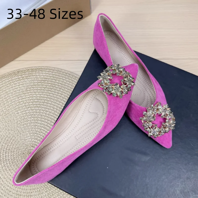 Women Luxury Pearl Crystal Buckle Flock Flats Pointed Toe Dough Shoes Spongy Insole For Tender Feet Comfortable Walking Slip-On