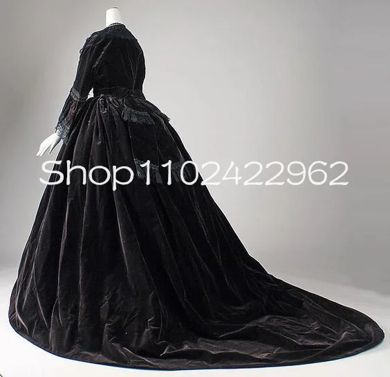 Black Velvet Historical Walk Ball Gown Prom Dresses Fiary Long Sleeve Lace Applique Square The Tudors Costume Evening Gown