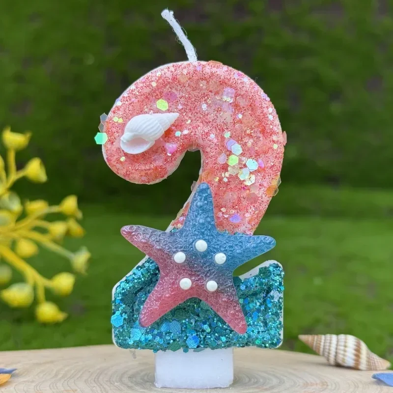 Little Mermaid Birthday Candle Seashells Starfish 0-9 Number Birthday Candle Natural Bee Wax Candle for Girls