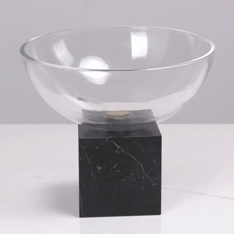 Light Luxury Marble Decorative Tray, Round High Footed Glass Tray, Dessert Bowl, Living Room Fruit Tray, Glass Container