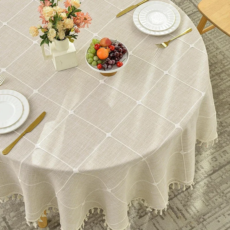 Round Tassel Plaid Tablecloths Heavy Weight Cotton Linen Fabric Dust-Proof Table Cover Kitchen Dining Party Tabletop Decorations