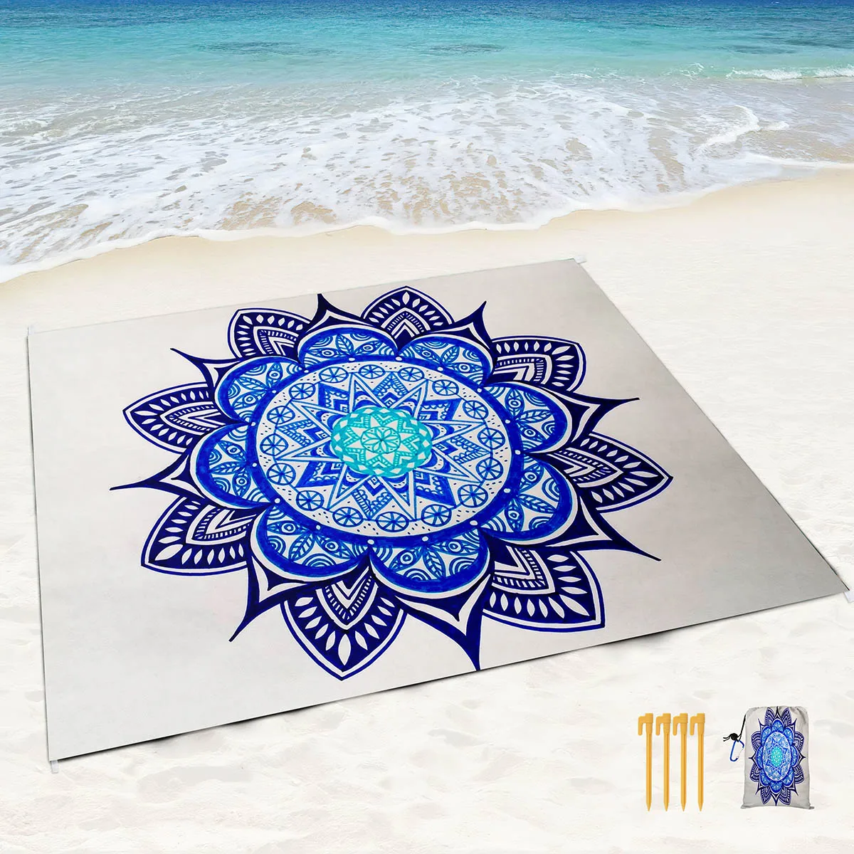 Sand Proof Beach Blanket Water Proof Mat with Corner Pockets and Mesh Bag for Beach,Travel,Camping,Beautiful Quiet Blue Mandala