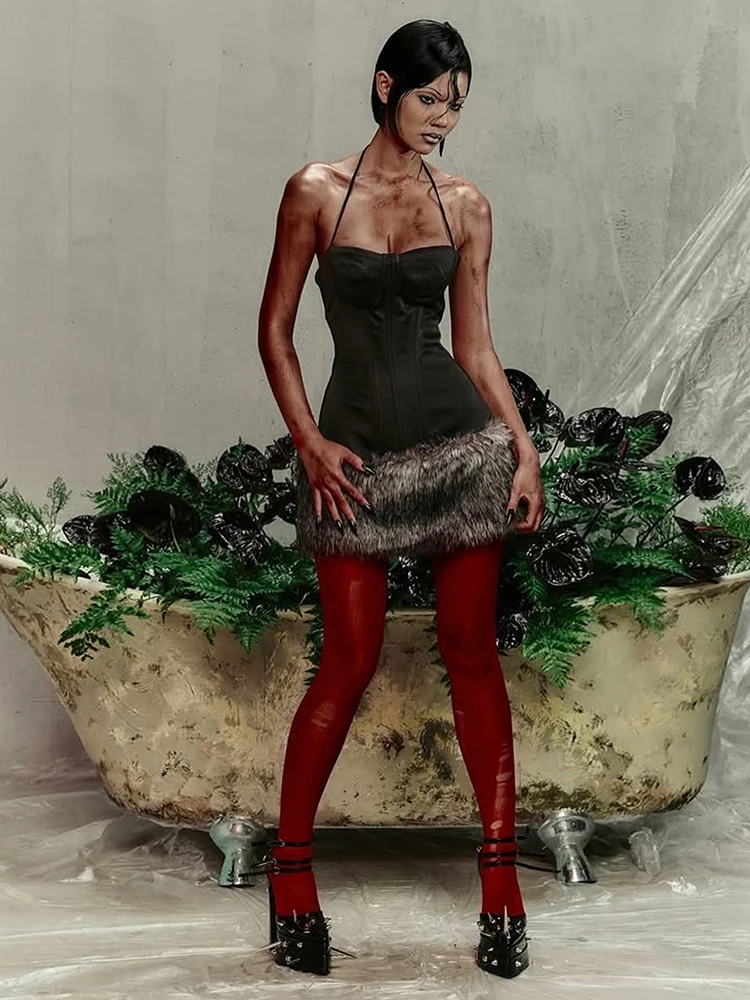 니버 패치워크 플러시 헴 드레스 여성용 로우넥 홀터 페이크 피쉬본 장식 섹시 미드나잇 스키니 파티 핫티 미니 바디콘