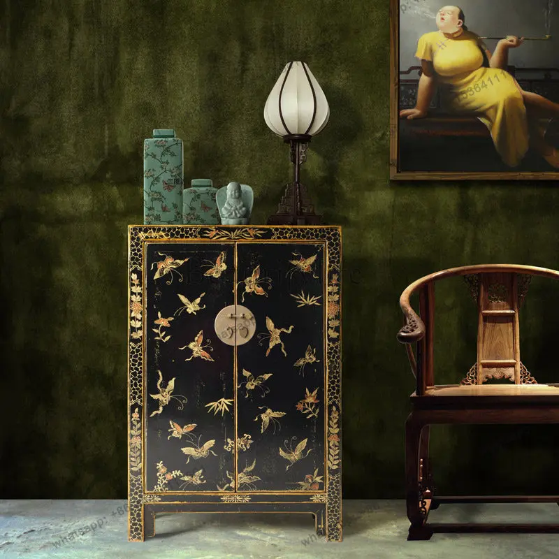 

Chinese style door solid wood hand-painted installation-free entrance shoe cabinet integrated against the wall household door