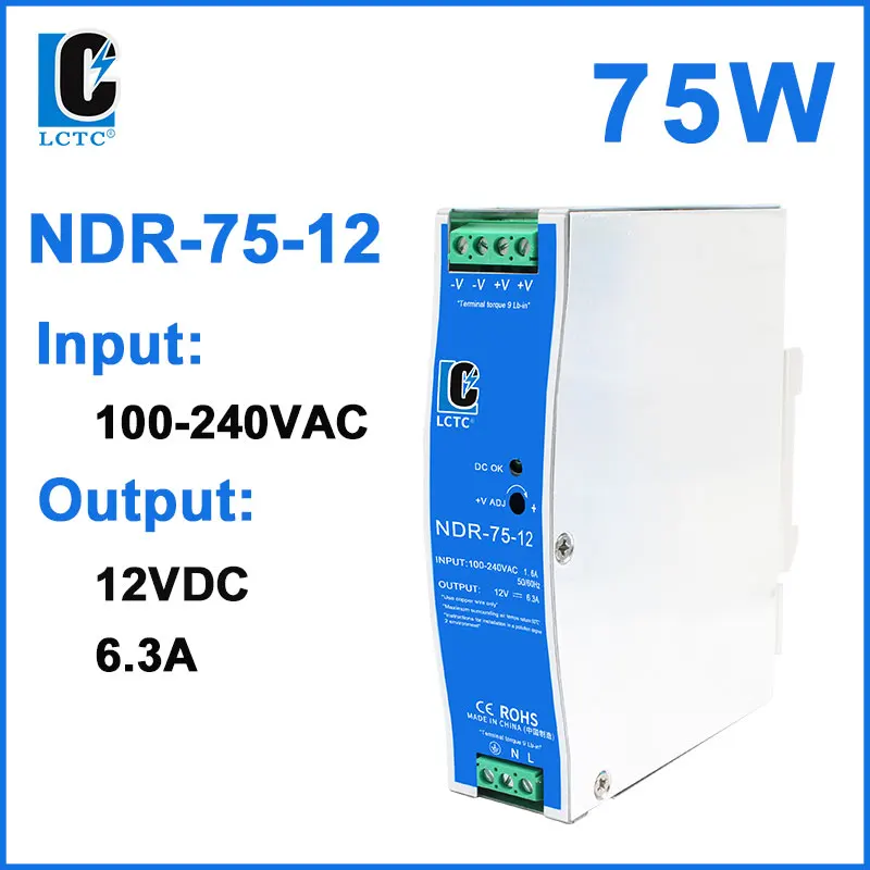 LCTC-Schaltnetzteil NDR-75W 120W 240W 480W Industrielles DIN-Schiene 12V 24V 48V AC/DC-Leistungstransformator mit Einzelausgang