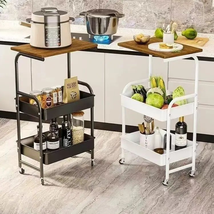 Two-Tier Rolling Side Table Storage Cart Square Engineered Board Top Two Drawers Carbon Steel Frame Lockable Degree Swivel