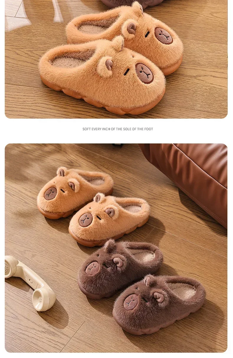 Niedliche Capybara-Baumwollhausschuhe für Damen, Wintermode, warme, flauschige Heimschuhe für Paare, rutschfeste Plüsch-Bodenschuhe für Kinder – Detail 11