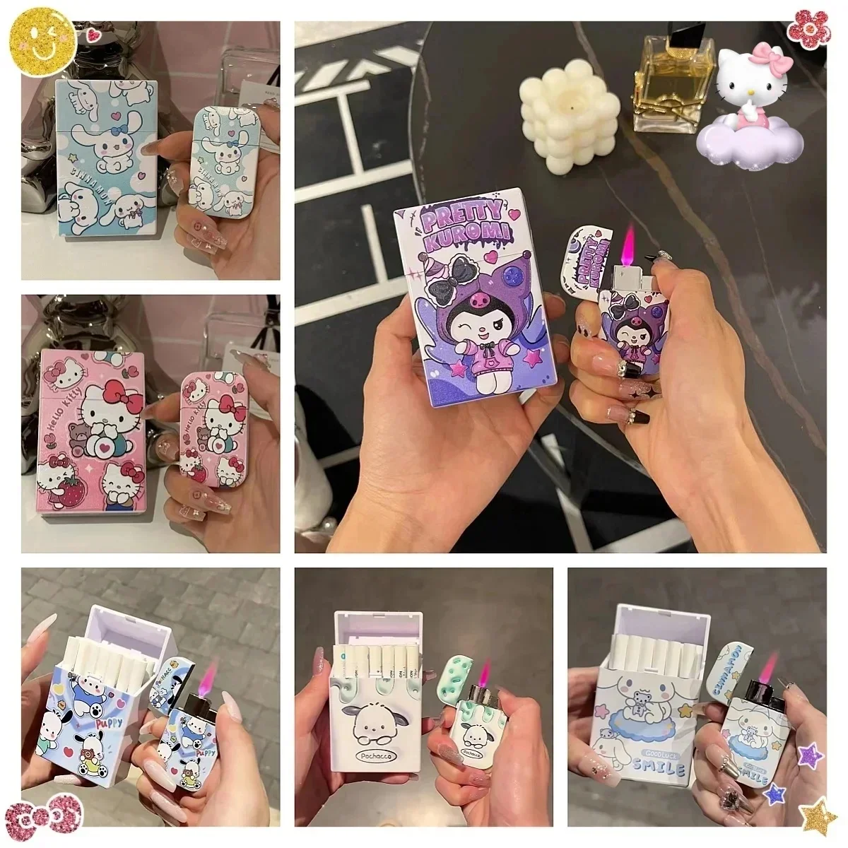 Sanrio Hello Kitty Cigarette Box Cartoon Mymelody Cinnamoroll Pochacco Action Anime Figures Cigarette Case Smoke Ornaments Gifts