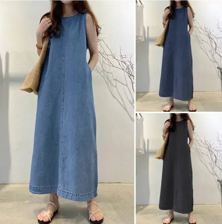 2024 New Fashionable Round Neck Sleeveless Long Denim Dress Loose Fit With Pockets Elegant Bohemian Style Pullover Dress