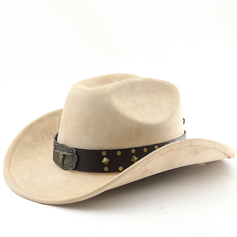 Nuevo sombrero de vaquero occidental de estilo americano y europeo, sombrero Fedora de ala ancha de fieltro de lana de ante, sombrero Unisex para Otoño e Invierno