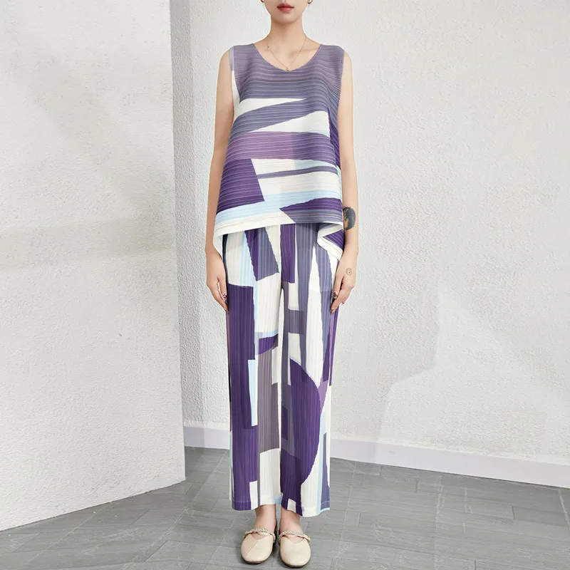 

Pant Suits For Women Elastic Loose Miyake Pleated Summer Printed Round Neck Sleeveless Irregular Top + Wide Leg Pants