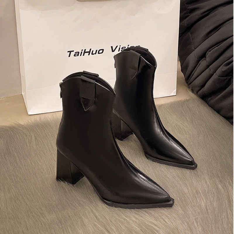 Autumn Winter Leather Chelsea Boots for Women Designer Soft-soled Sexy Women High Heels Shoes Fashion Modern Boots Female