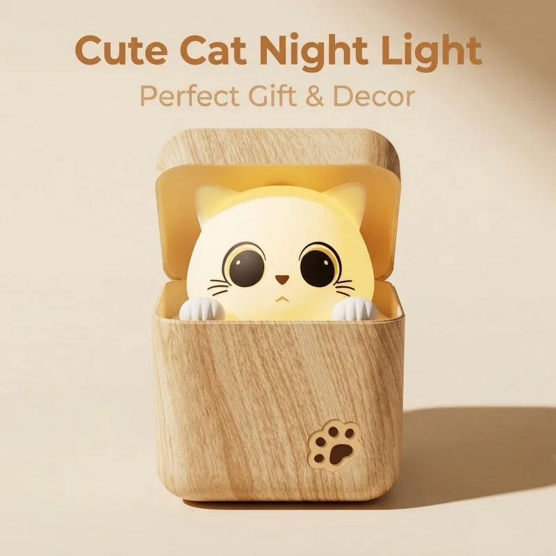 Kawaii Shy Cat Night Light - USB Rechargeable Sleep Lamp