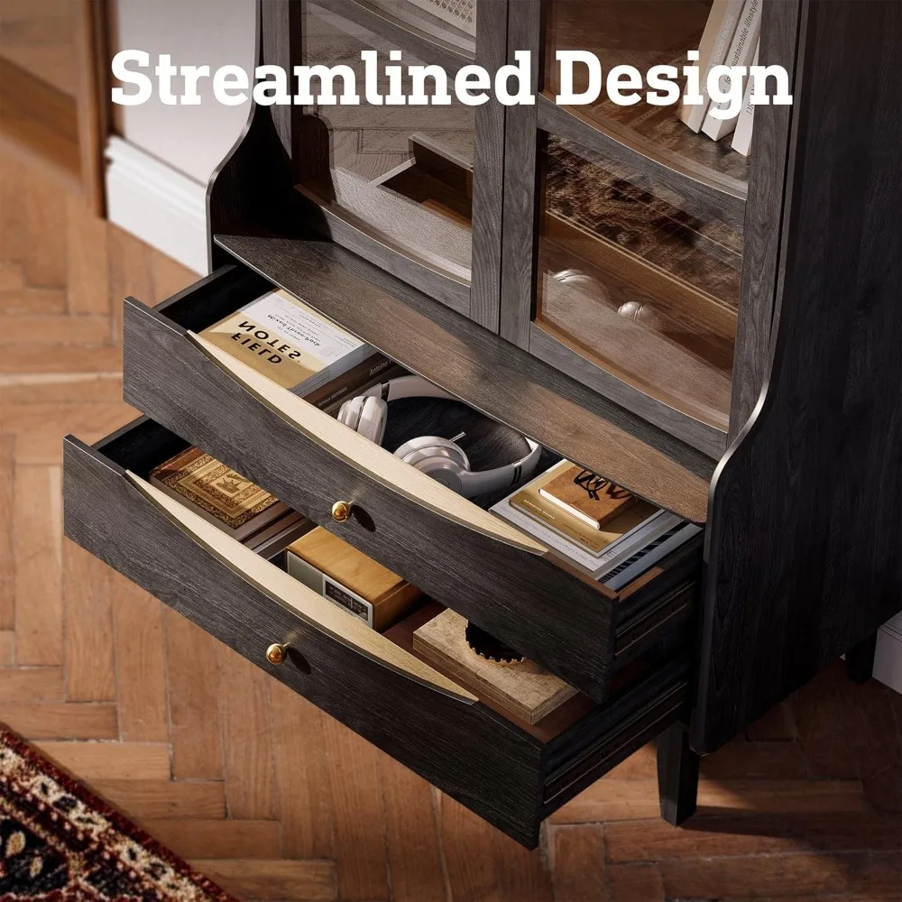 خزانة كتب مقوسة طويلة حديثة مكونة من 4 طبقات مع أبواب زجاجية وأضواء LED وأرفف خشبية متينة للتخزين الأنيق #5