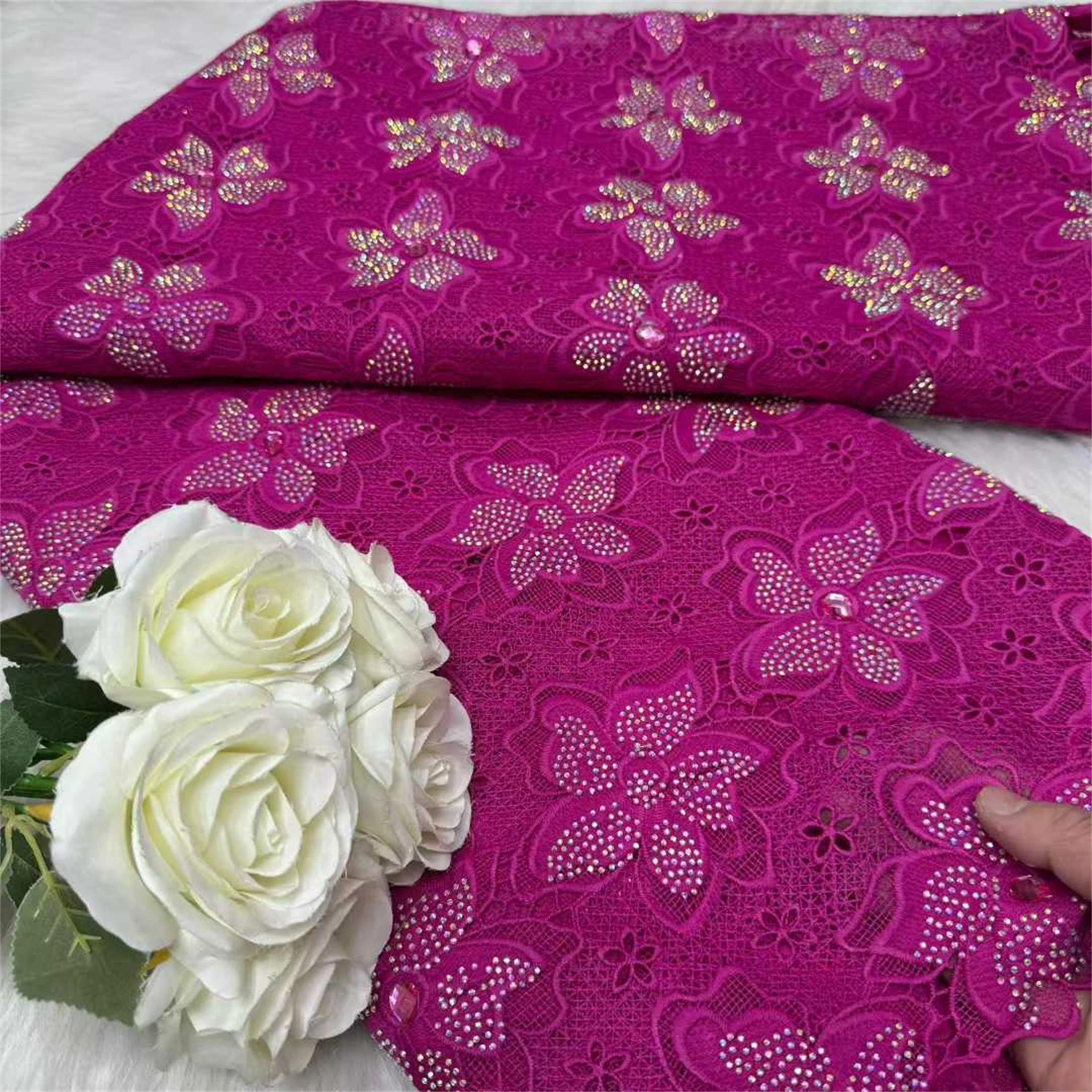 

Luxury Nigerian Pure Water Soluble Gem Lace Fabric With Stone African Guipure Cord Lace Fabric For Women Clothing And Home Decor