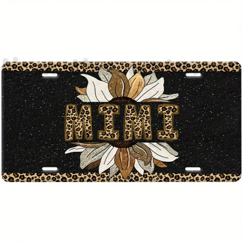 1 placa de matrícula Mimi - Diseño de leopardo caramelo y borde color canela, con brillo de cobre marrón crema y puntos negros de girasol, 15.24x30.