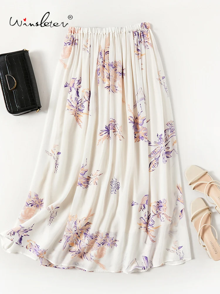 

Winsleter-100%Silk Elegant Skirts, Elastic Waist Floral Printed, Women Beach Vacation Fairy A-line Skirt, 2026 Spring B61241CC