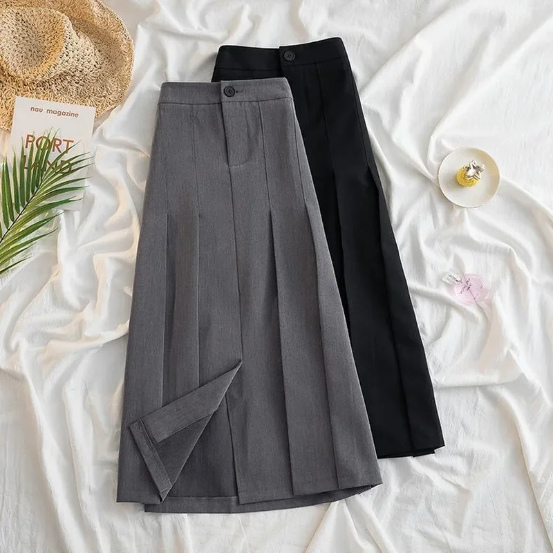 New 2025 Korean Long Pleated Skirt Women Spring Autumn Fashion Gray/Black Skirts for Woman
