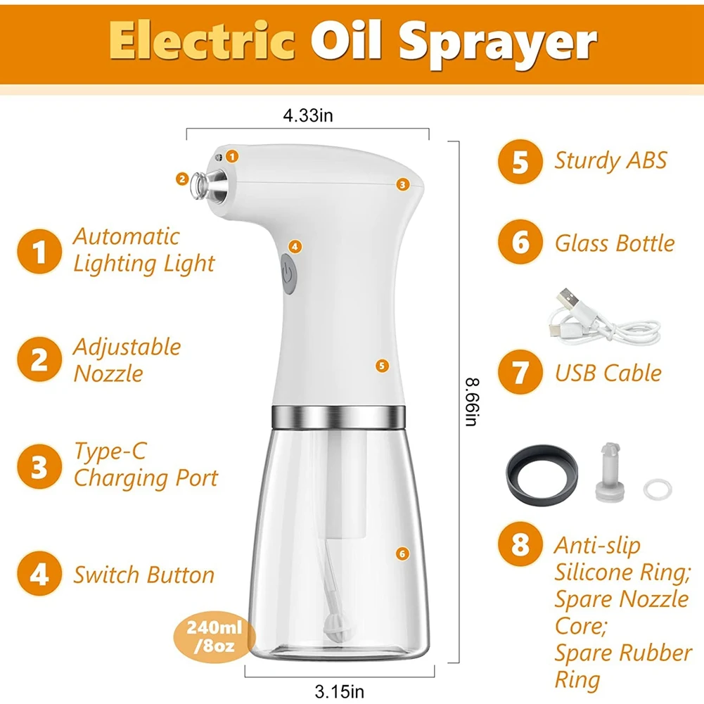 A62K Electric Oil Sprayer for Cooking, 8Oz Olive Oil Dispenser Bottle Oil Mister Spritzer Glass Bottles White
