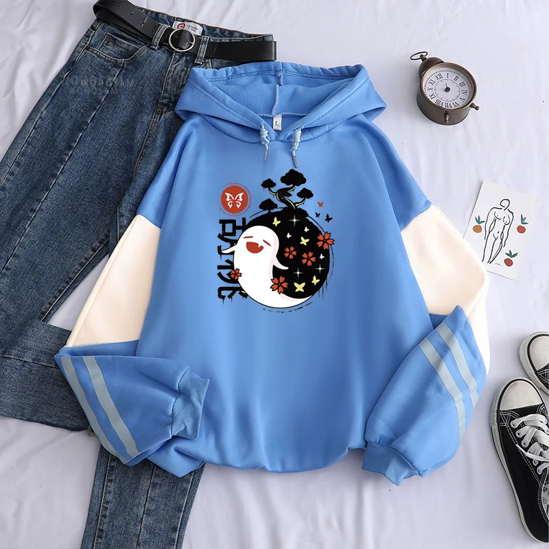 Aesthetic Anime Game Genshin Hoodies Women Funny Smiling Hu Tao Kawaii Manga Streetwear Winter Warm Plus Size Hooded Sweatshirts