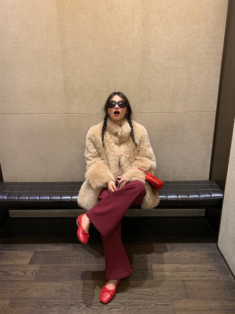 Pantalon décontracté doublé en Fce pour femme, taille élastique, jambes larges, ample, chaud, taille haute, mélange de coton, pour les déplacements