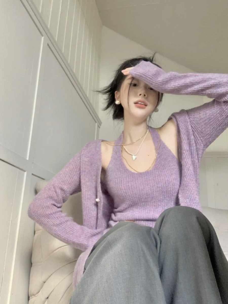 

Новое весеннее поступление, женский вязаный шило с овальным ремнем, Pure Desire, сладкий пряный открытый кардиган, свитер, комплект верхней одежды