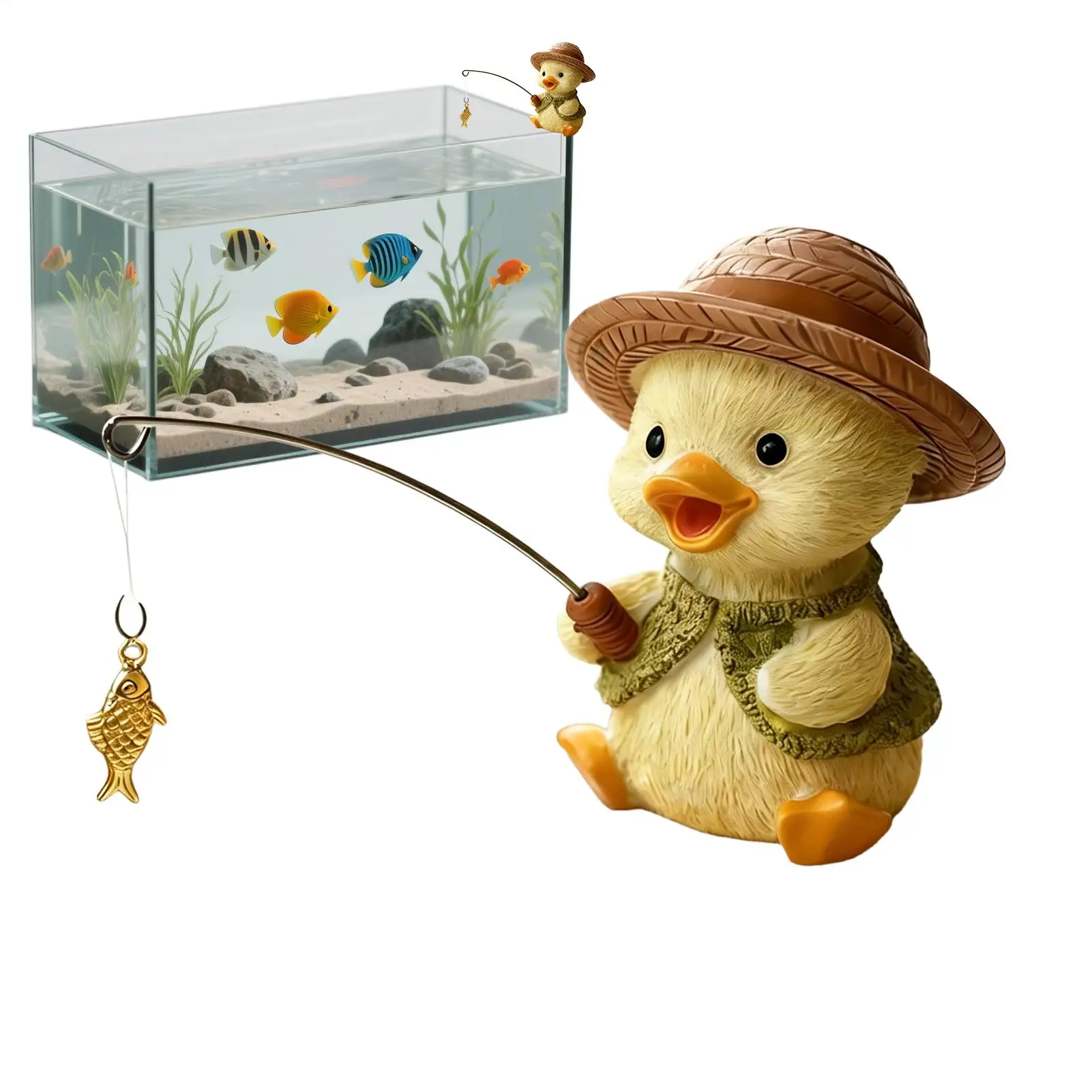 Aquarium Duck Resin Fishing Duck Figurine Fish Tank Decorations For Underwater Landscape Tabletop Bookshelf Home Office Study