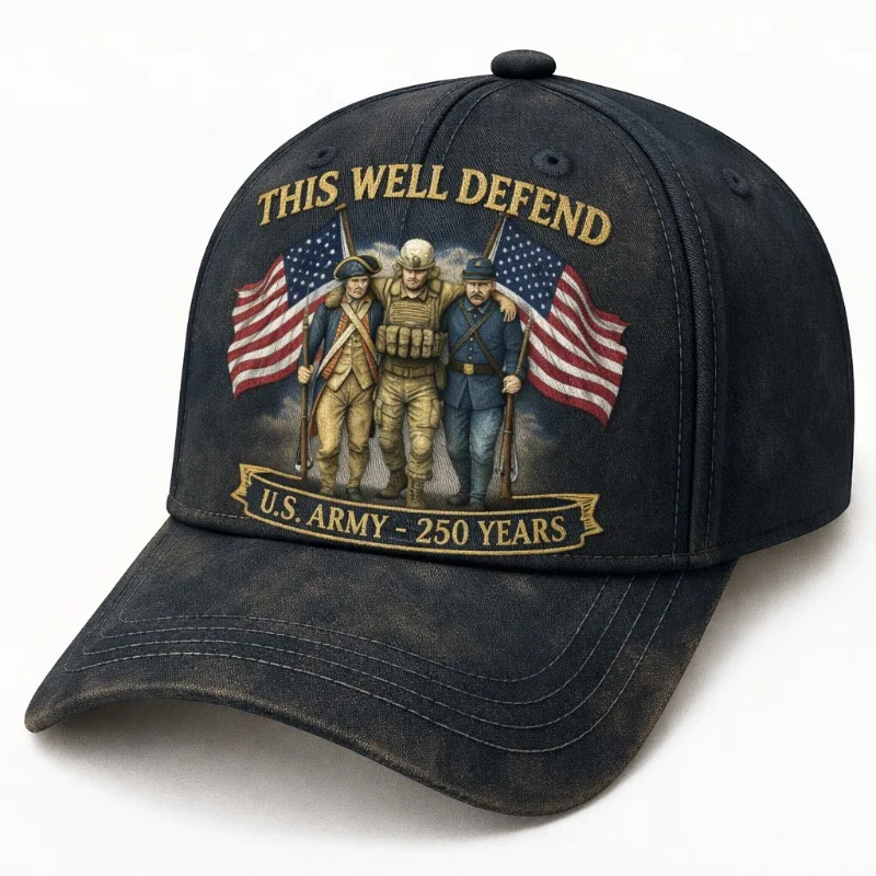 Distressed U.S. Army 250th Anniversary Cap | Vivid Cross-Era Patriotic Graphic Design with Timeless Themed Details, Polyethylene