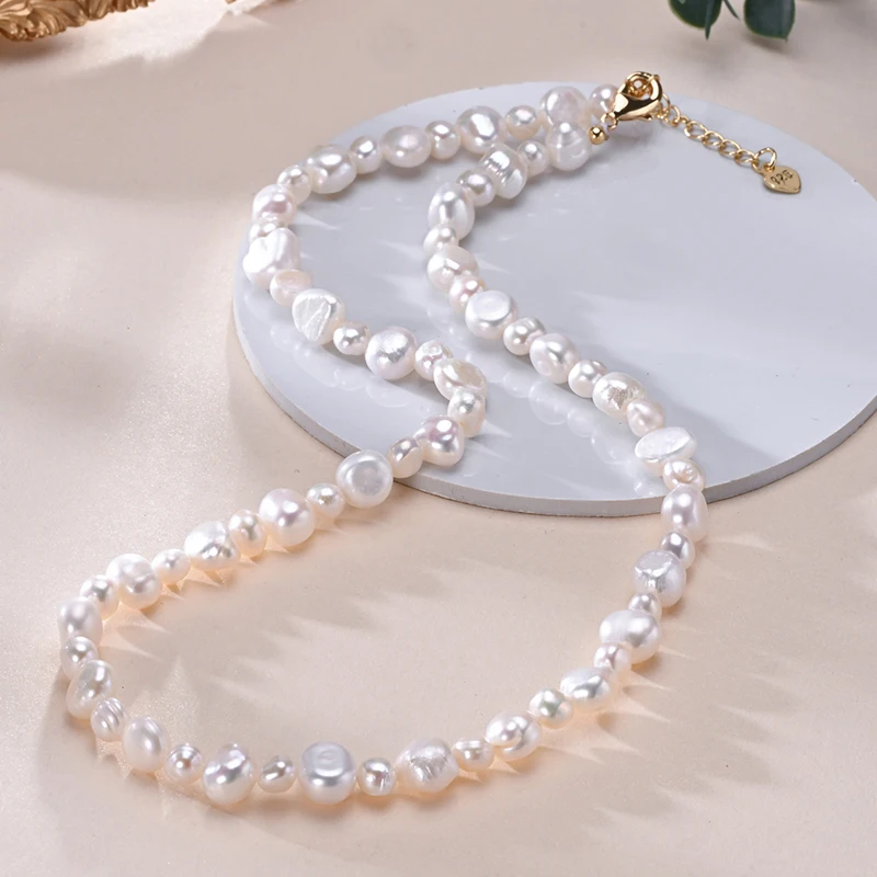 

HENGSHENG Mixed Beads of 5-6mm 8-9mm Baroque Freshwater White Pearl Necklace 925 Sterling Silver Jewelry Gift for Women Girls