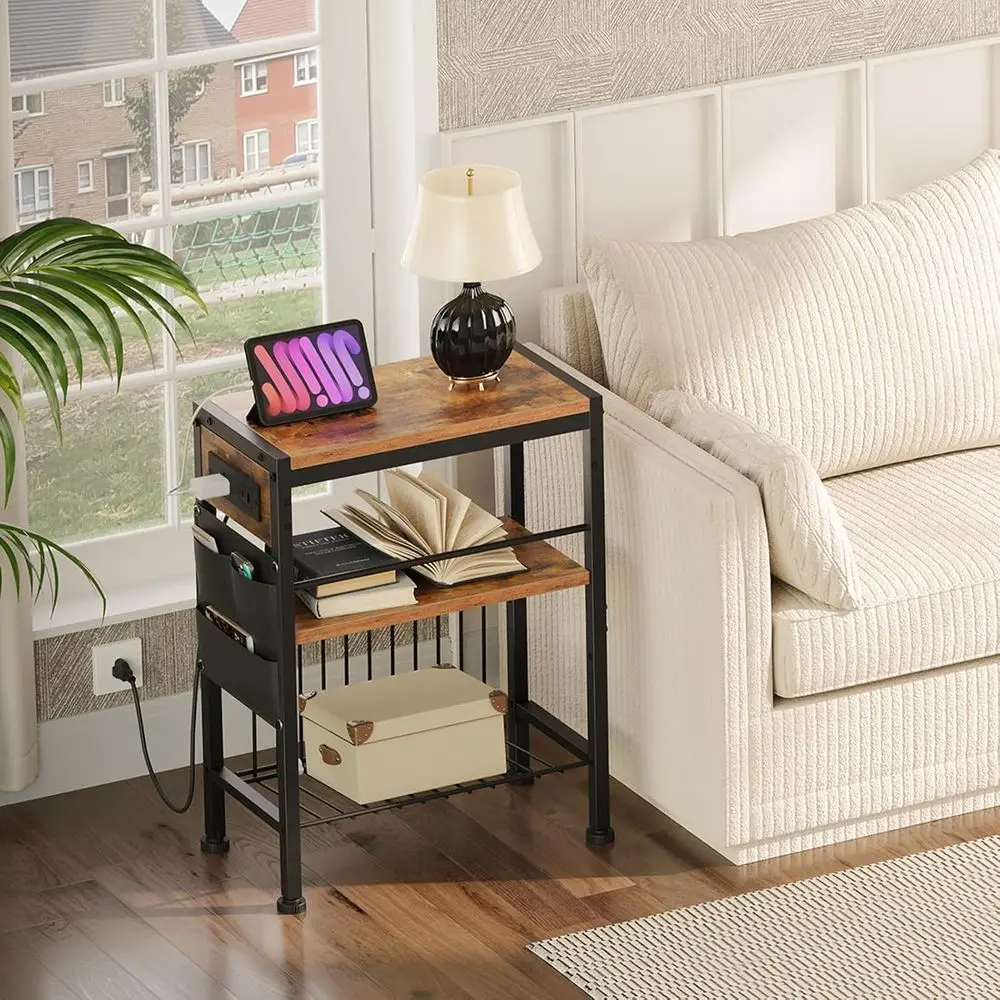 End Table with Charging Station, Small Side Table with Magazine Holder, Nightstand Bede Table, 3-Tier Storage Shel or Small Spac