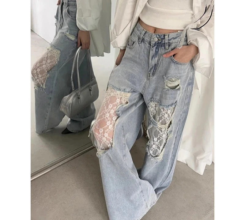 الرجعية الأمريكية ممزق الدانتيل تقسم ​ ​ جينز نسائي فضفاض بأرجل واسعة 2025 تصميم صيفي بنطال مستقيم عالي الخصر
