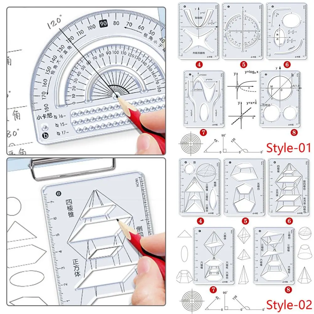 8PCS/Set Geometric Drawing Ruler Multi-function Plastic Mathematics Function Ruler Stationery Learning Measuring Tool