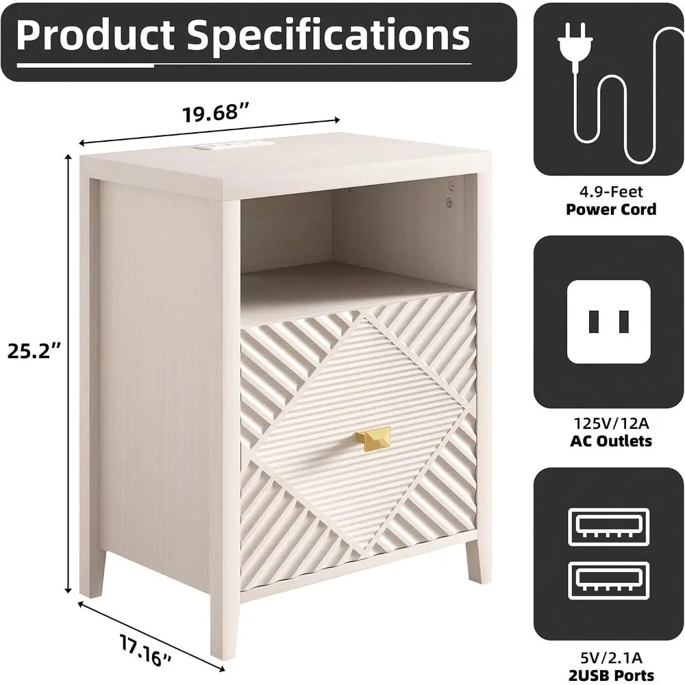 Modern Nightstand with USB Port, Diamond Pattern, Black and Light Brown Finish
