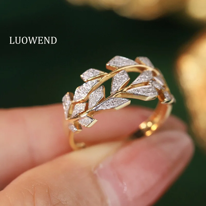 LUOWEND 18K Yellow Gold Rings Elegant Leaf Design 0.20carat Real Natural Diamond Engagement Ring for Women High Party Jewelry