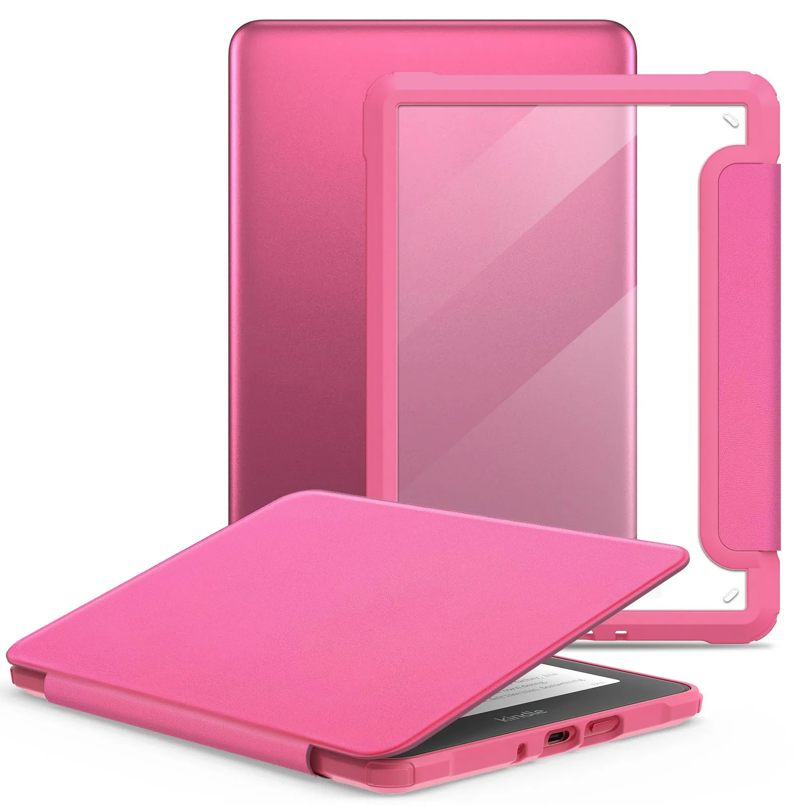 

For Amazon Kindle Paperwhite (2024) Protective Case Clear Back Leather Flip Cover Support Auto Wake Sleep - Dark Rose