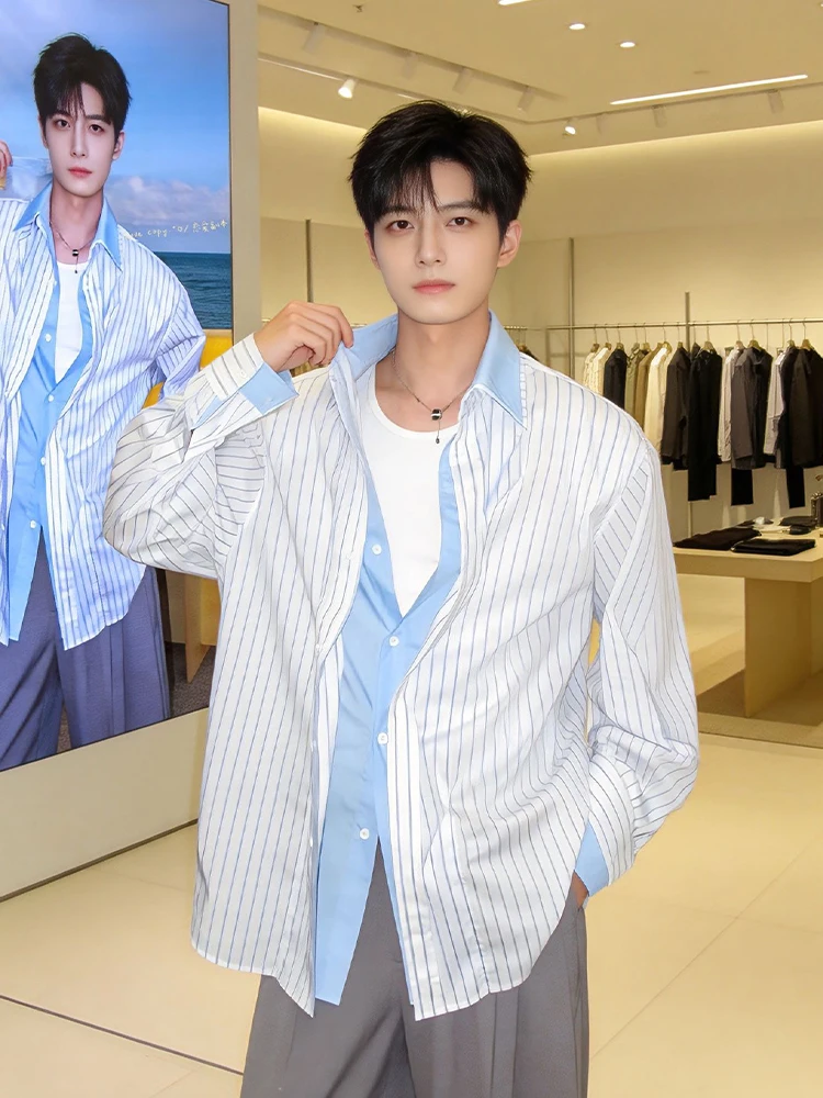 

Мужская повседневная рубашка в американском стиле с полосками, длинным рукавом, приталенным кроем, имитацией двухслойности, классическим воротником, весенняя верхняя одежда.