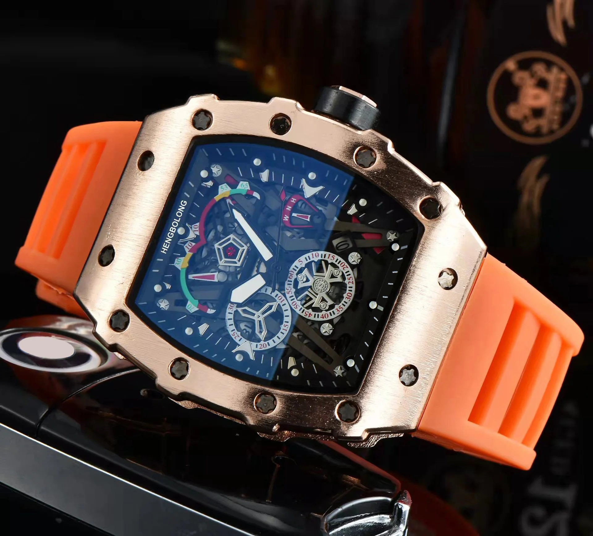 silicone strap square wine barrel large dial watch hollowed out surface calendar quartz watch for men and Students